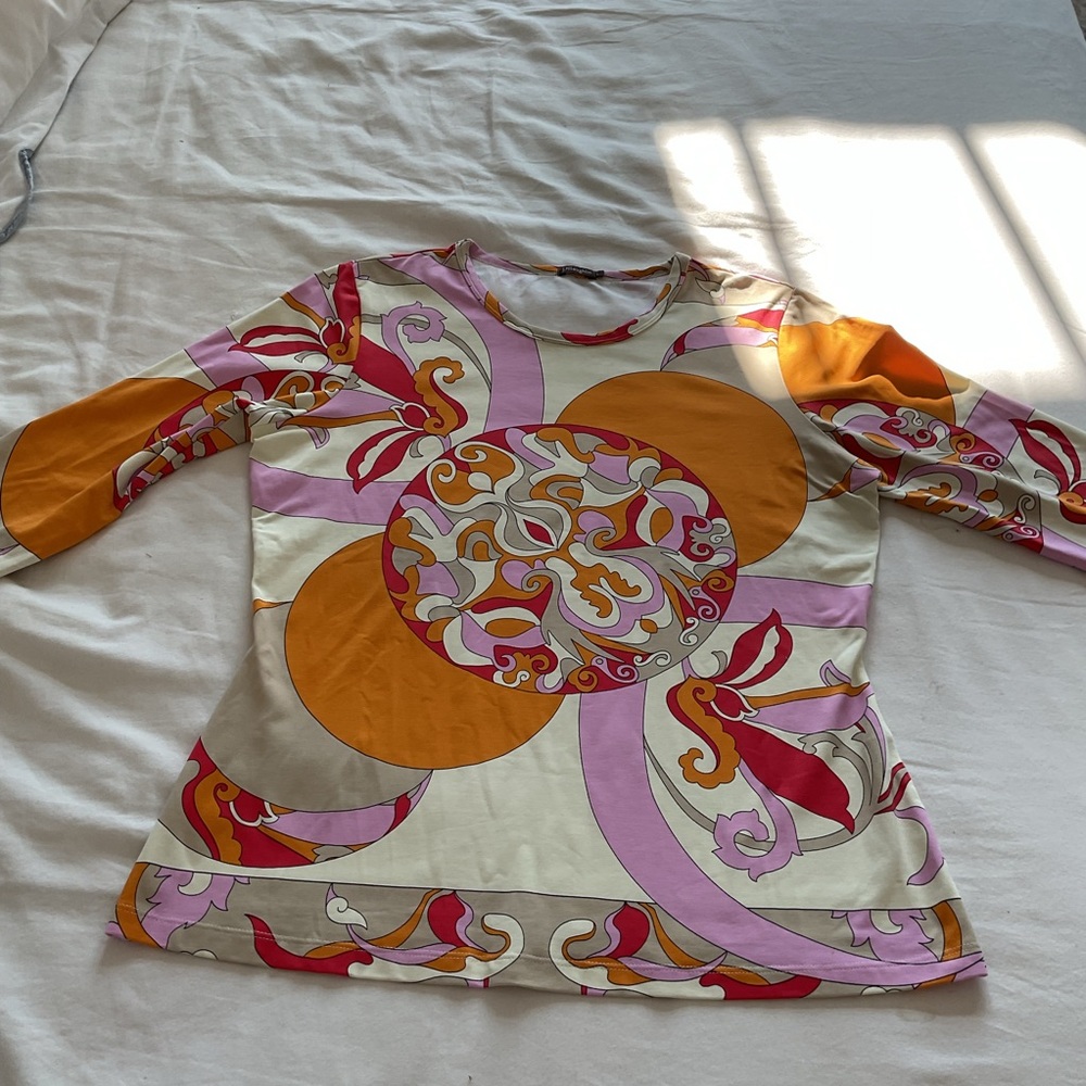 J. McLaughlin Catalina Orange and Pink Swirl retro Long Sleeve Top
